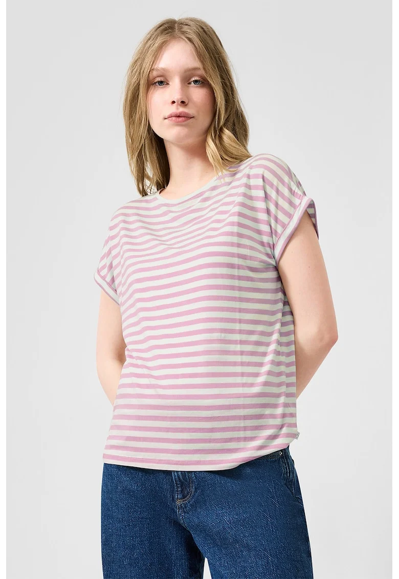 Tricou din amestec de lyocell cu dungi, Roz pastel/Alb murdar