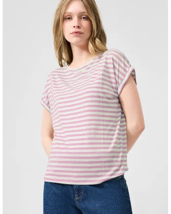 Tricou din amestec de lyocell cu dungi, Roz pastel/Alb murdar