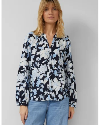 Bluza tunica cu model floral, Albastru pastel/Alb murdar/Bleumarin