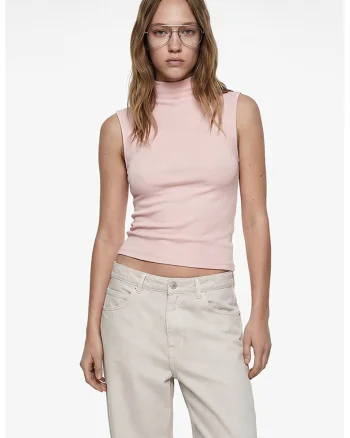 Top din amestec de bumbac cu model uni, Roz pal