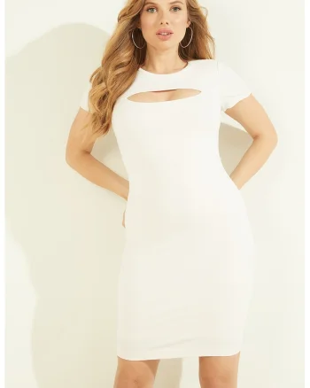 Rochie striata cu decupaj frontal, Crem