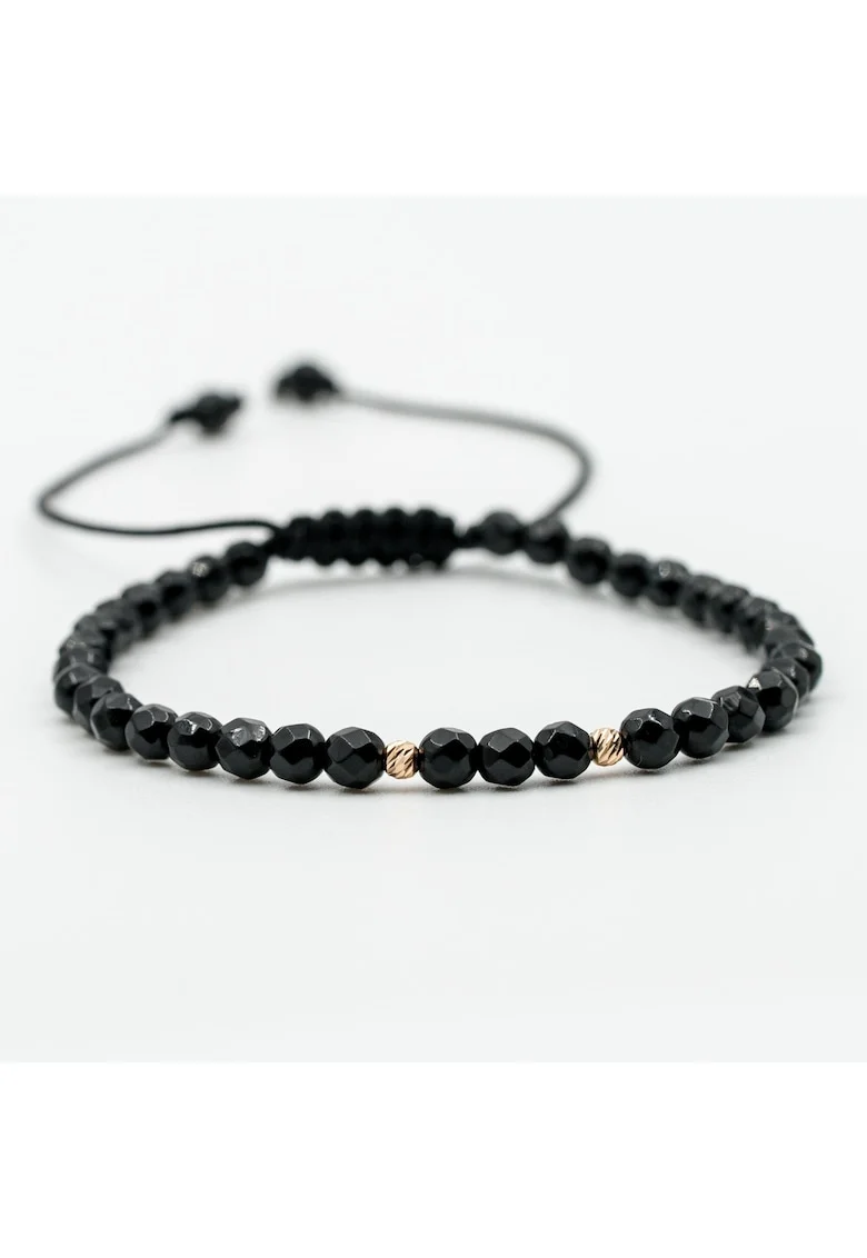 Bratara cu 2 bile de Aur 14k si pietre semipretioase Onix negru fatetat, Ajustabila