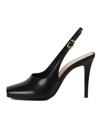 Pantofi slingback stiletto din piele cu varf patrat, Negru