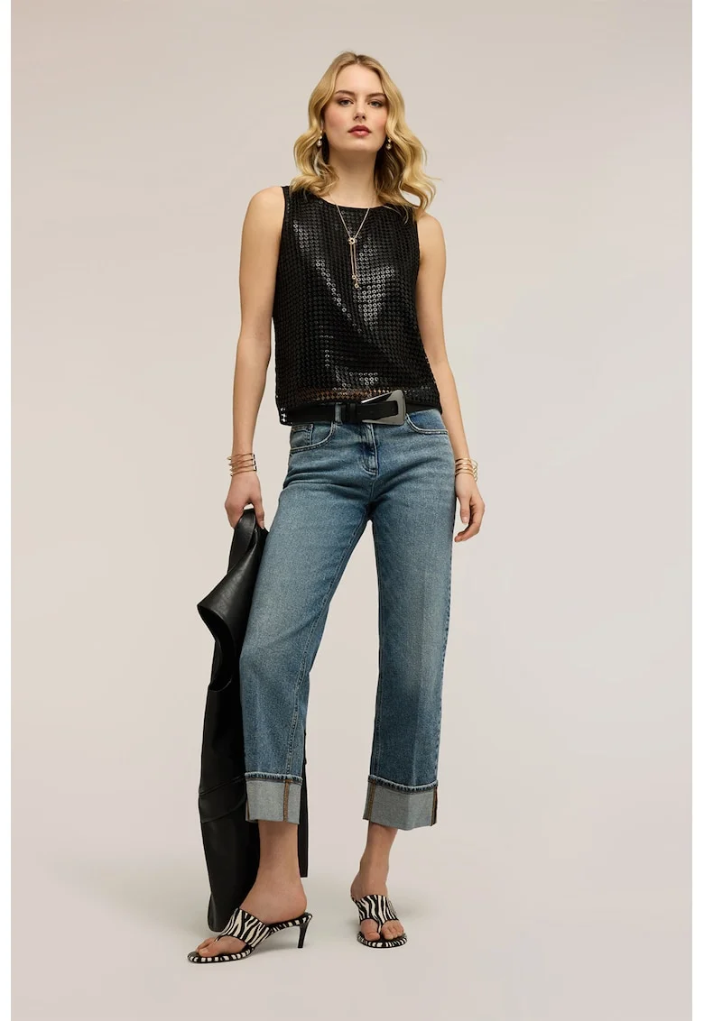 Blugi crop drepti cu aspect decolorat, Albastru petrol