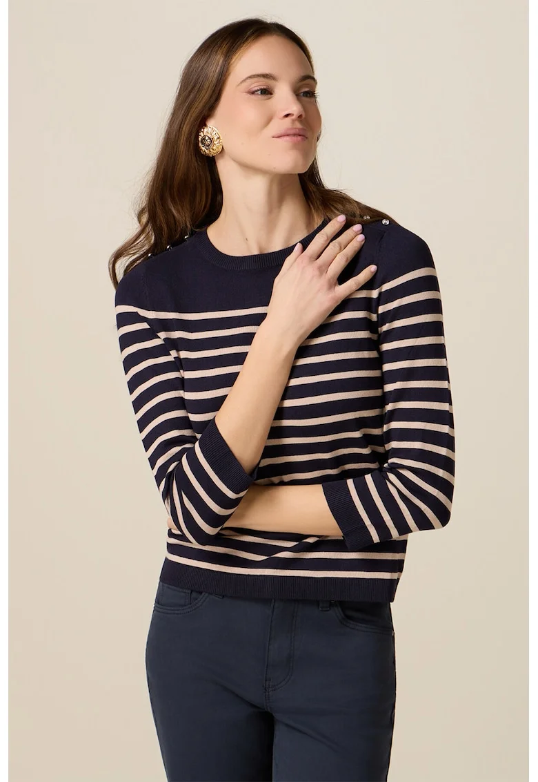 Pulover cu model in dungi si nasturi-bijuterie, Bej/Bleumarin