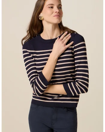 Pulover cu model in dungi si nasturi-bijuterie, Bej/Bleumarin