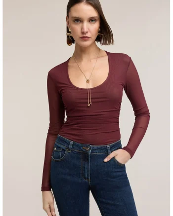 Bluza slim fit cu decolteu rotund, Rosu stins