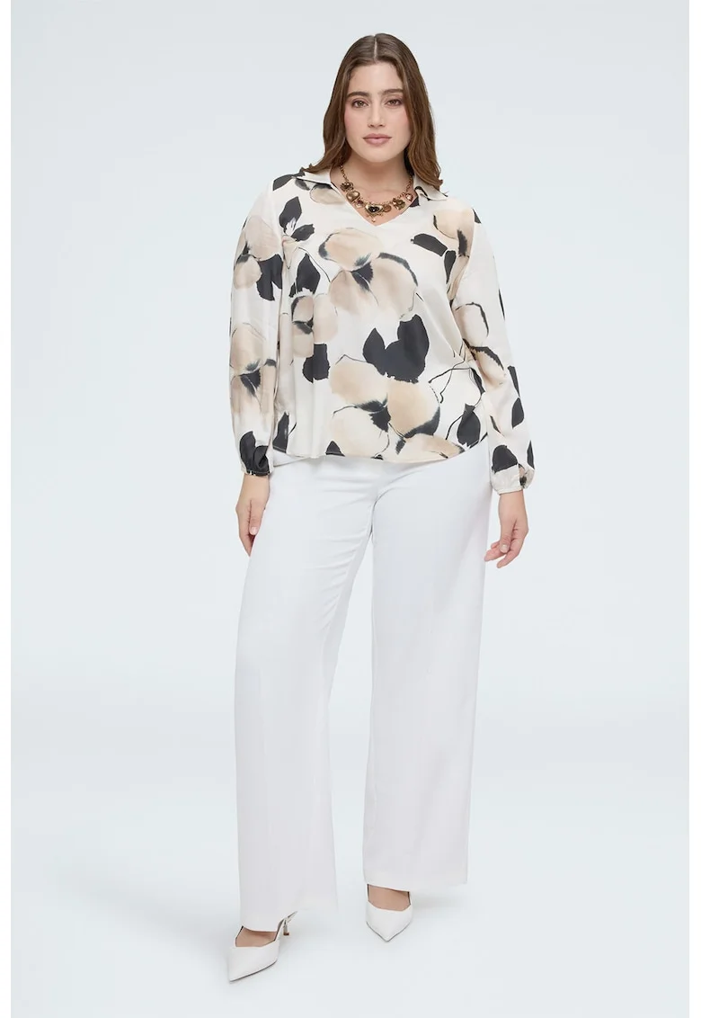 Bluza cu model, guler ascutit si decolteu in V, Negru/Crem