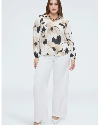 Bluza cu model, guler ascutit si decolteu in V, Negru/Crem