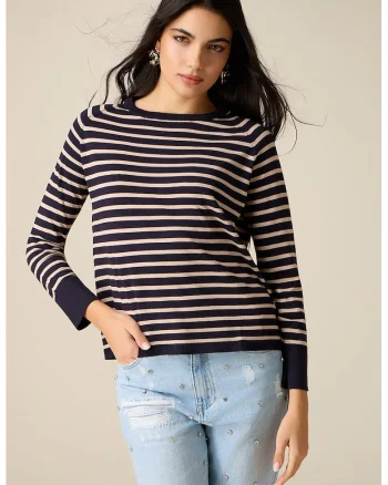 Pulover cu nasturi pe partea din spate si model in dungi, Bej/Bleumarin
