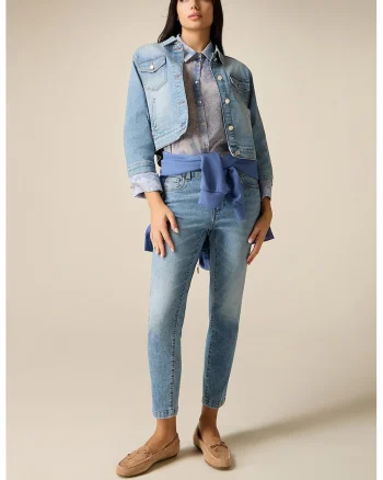 Blugi crop skinny cu aspect decolorat, Albastru deschis