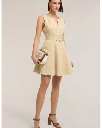 Rochie evazata cu o curea in talie, Crem