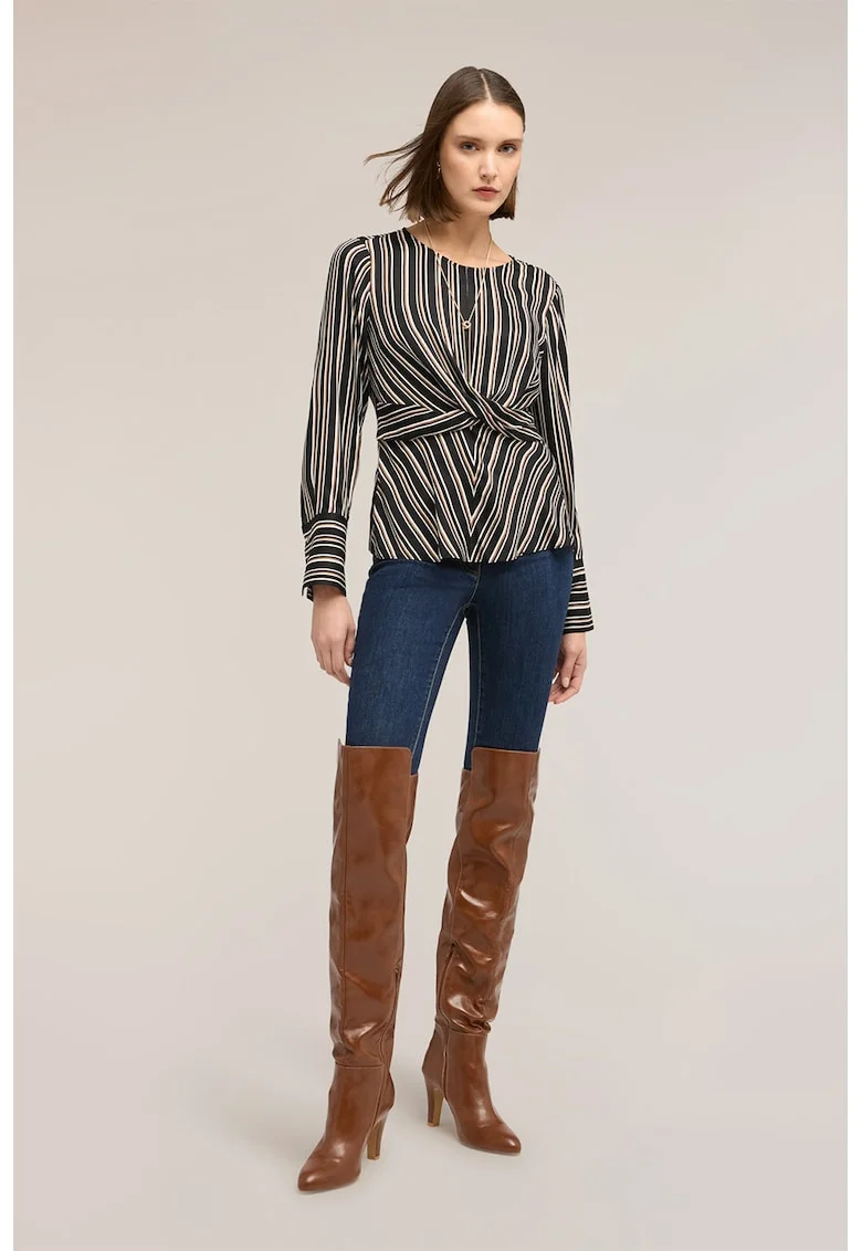 Bluza cu model in dungi cu nod frontal, Alb/Maro inchis