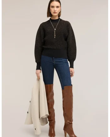 Pulover cu insertii de lurex, Maro inchis/Albastru ultramarin