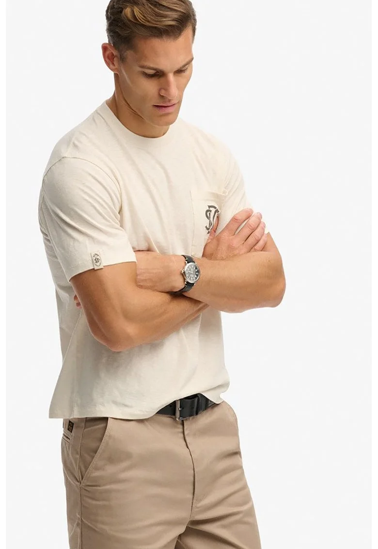 Tricou din bumbac cu buzunar pe piept, Crem
