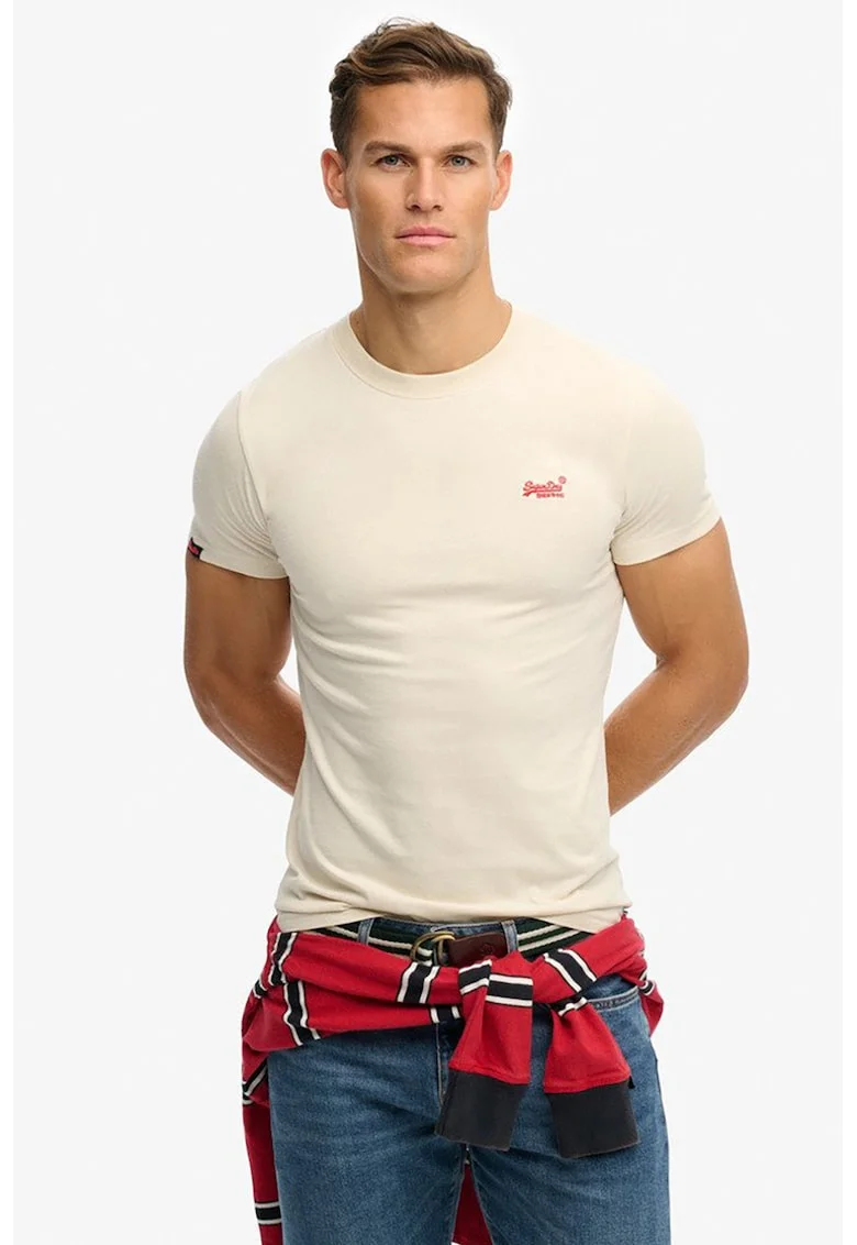 Tricou din bumbac cu decolteu la baza gatului so logo brodat, Crem