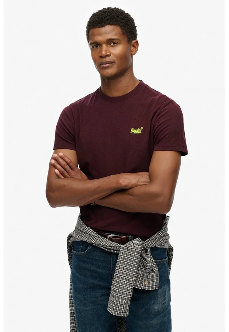 Tricou din bumbac cu decolteu la baza gatului so logo brodat, Maro cognac