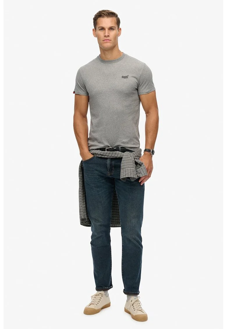 Tricou din bumbac cu decolteu la baza gatului so logo brodat, Gri deschis melange