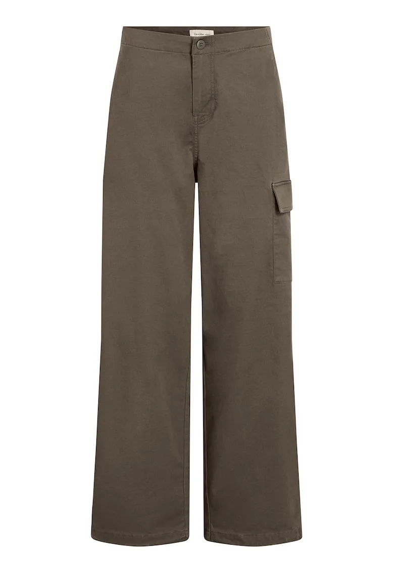 Pantaloni cu croiala ampla si buzunar lateral cu clapa, Maro inchis