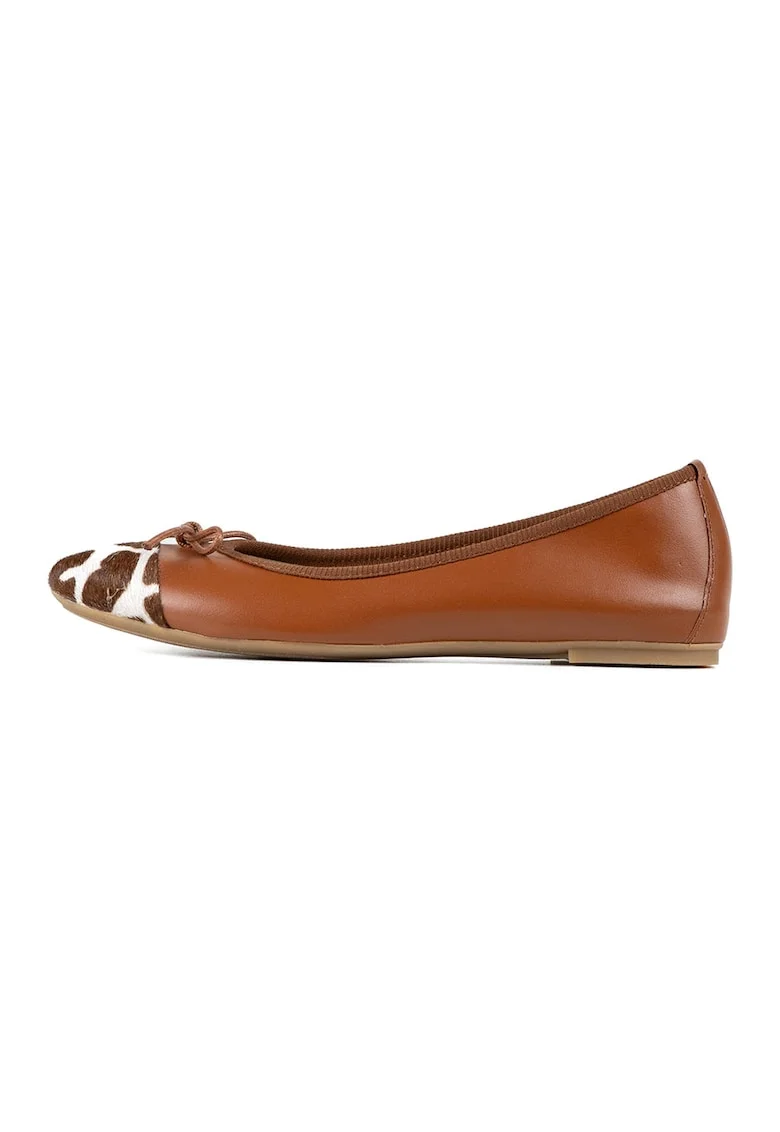 Balerini din piele cu detaliu animal print, Maro inchis/Caramel/Alb murdar