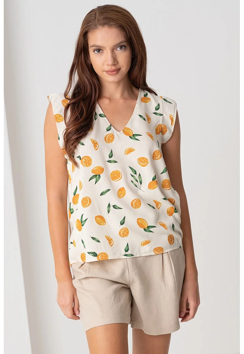 Bluza cu model si decolteu in V, Bej deschis/Galben inchis