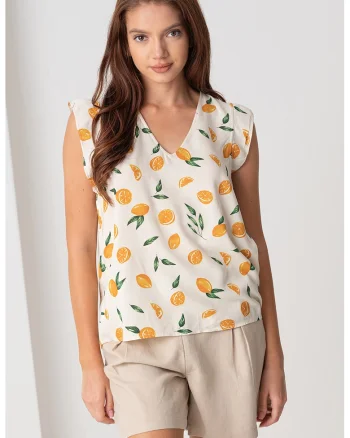 Bluza cu model si decolteu in V, Bej deschis/Galben inchis