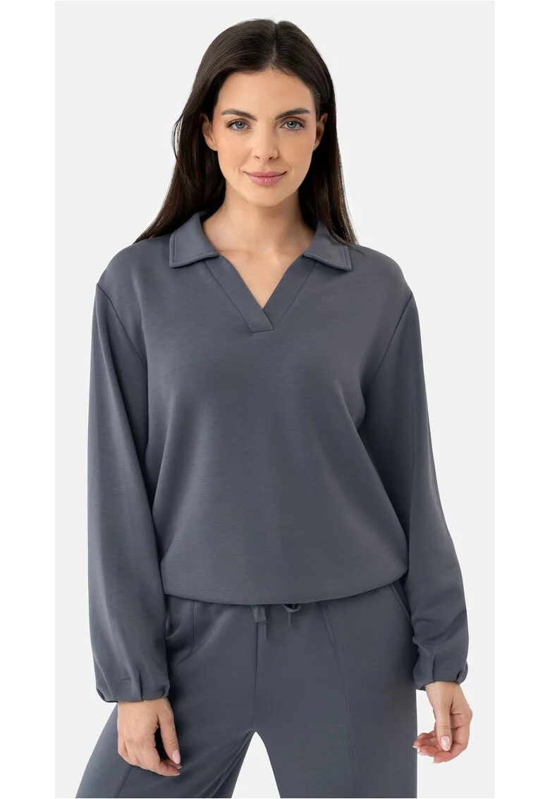 Bluza de trening dama cu guler, decolteu in V, uni, Regular Fit,  B-Nalia, grafit, Gri grafit