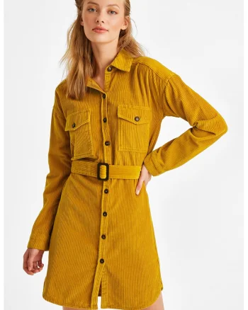 Rochie din reiat cu o curea, Galben mustar