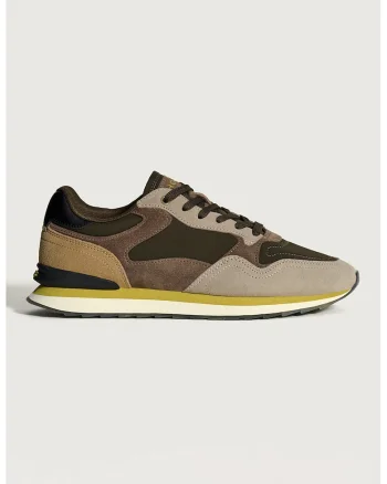 Pantofi sport de piele cu insertii de plasa, Maro/Bej/Verde masliniu