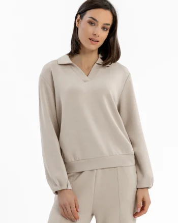 Bluza de trening dama cu guler, decolteu in V, uni, Regular Fit,  B-Nalia, bej, Bej