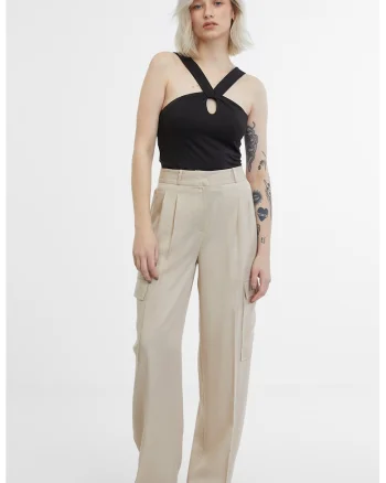 Pantaloni crop cu talie inalta, Maro nisip