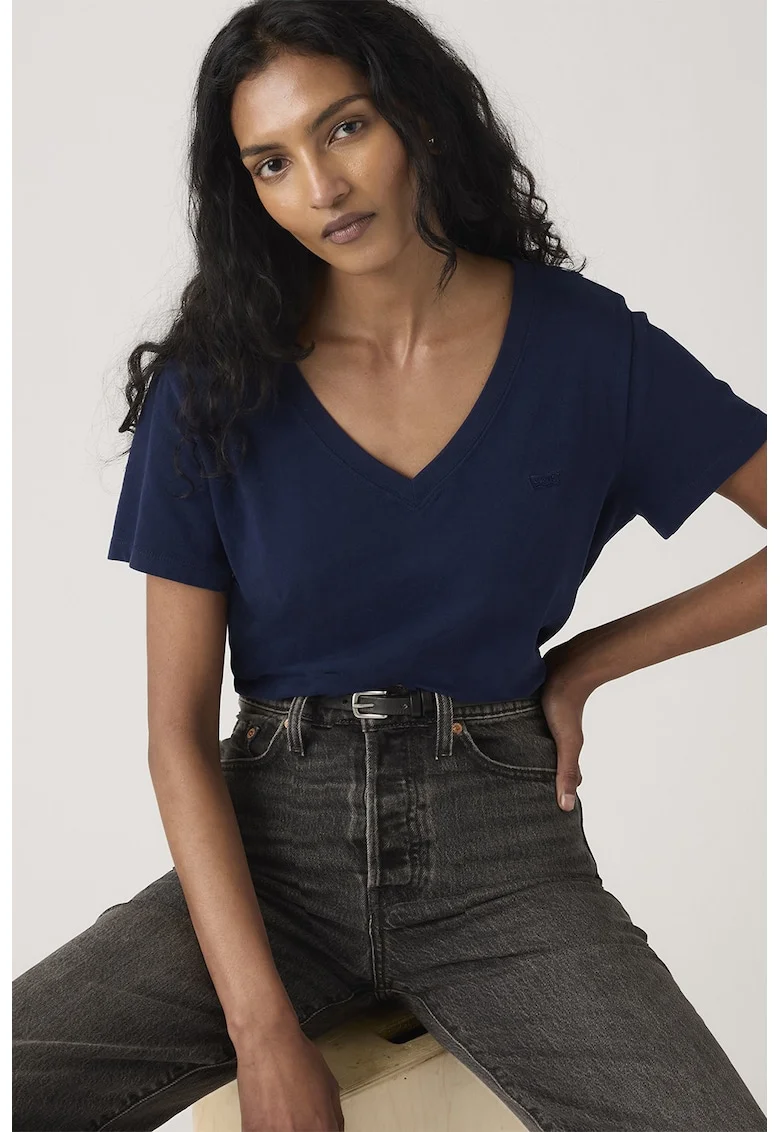 Tricou cu decolteu in V si detaliu logo, Bleumarin
