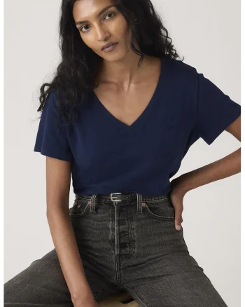 Tricou cu decolteu in V si detaliu logo, Bleumarin