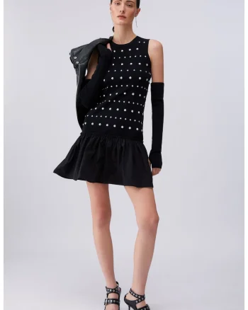 Rochie scurta cu maneci cu slituri pentru degetele mari, Negru