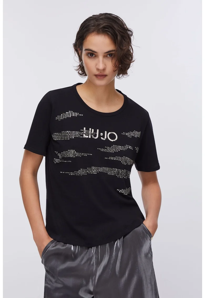 Tricou cu decolteu rotund si aplicatii metalice, Negru