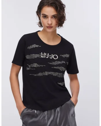 Tricou cu decolteu rotund si aplicatii metalice, Negru