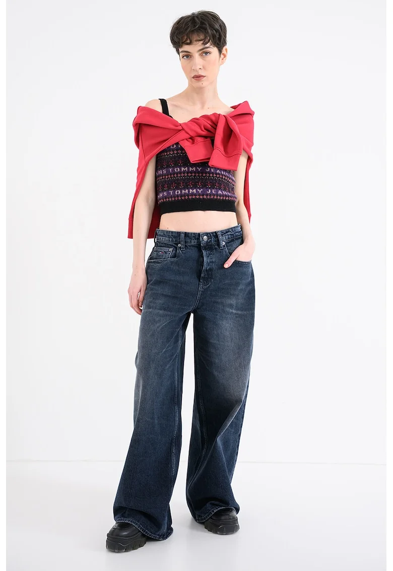 Top crop cu croiala slim-fit si model, Negru/Violet