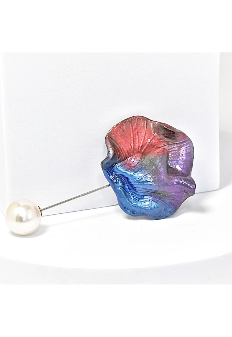 Brosa  din lut polimeric si rasina epoxidica, design floral, multicolor