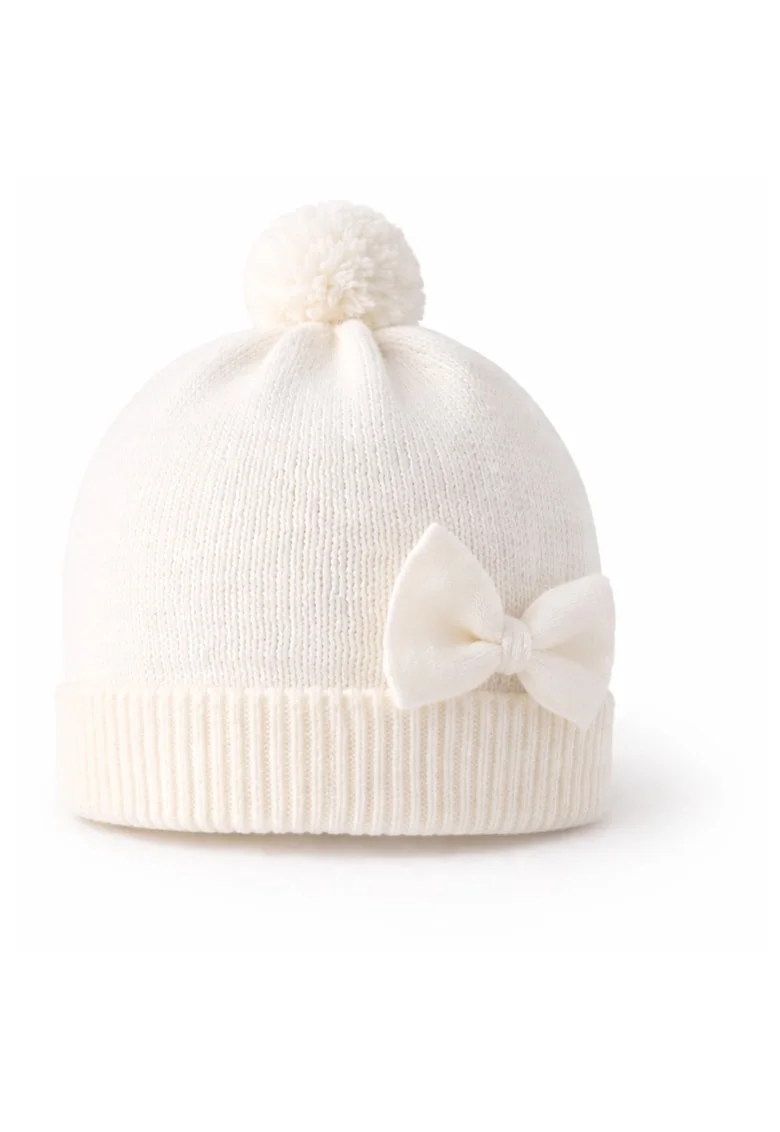 Caciula bebeluse  alba cu funda si pompon din bumbac si lana, Alb Natural, 9-12 LUNI