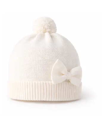 Caciula bebeluse  alba cu funda si pompon din bumbac si lana, Alb Natural, 9-12 LUNI