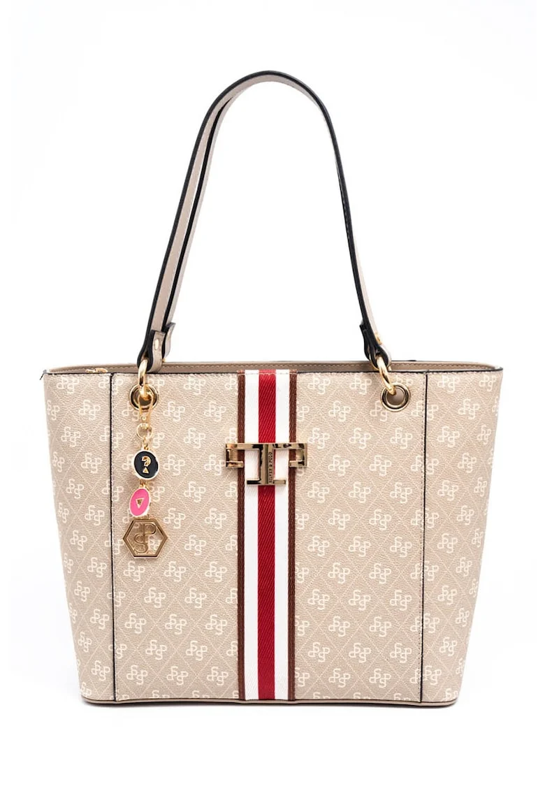 Geanta de piele ecologica cu bareta de umar si model monograma, Rosu, Alb, Crem, 26x31x12