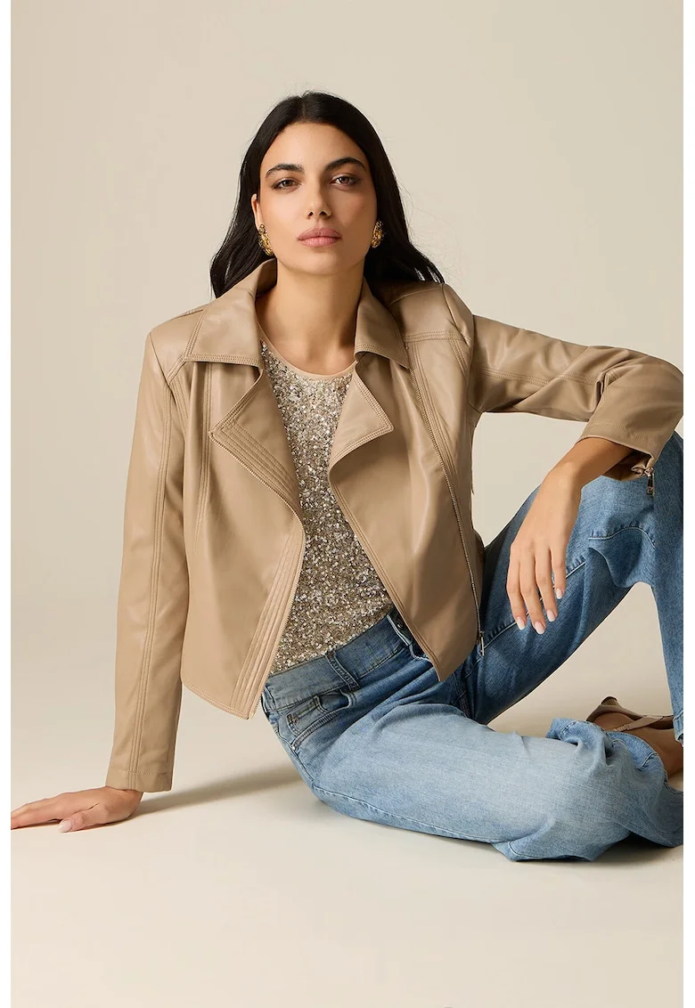 Jacheta biker de piele ecologica cu buzunare cu fermoar, Maro camel