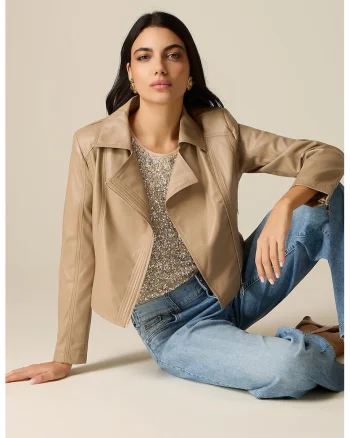 Jacheta biker de piele ecologica cu buzunare cu fermoar, Maro camel