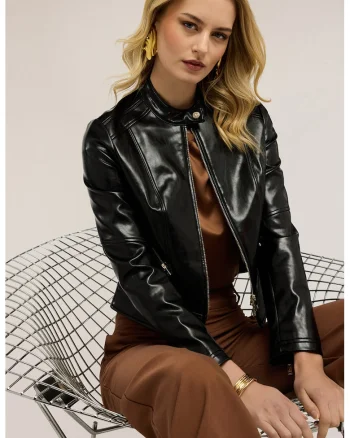 Jacheta biker din piele ecologica, Negru