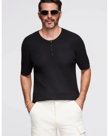 Tricou slim fit cu striatii si decolteu henley, Negru