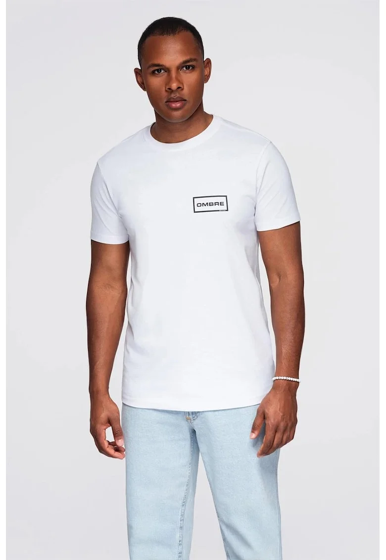 Tricou cu decolteu la baza gatului si detaliu cu logo pe piept, Alb