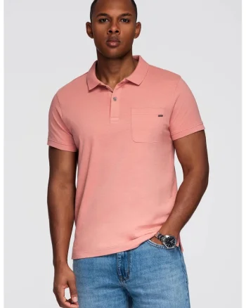 Tricou cu model uni si buzunar pe piept, Roz somon