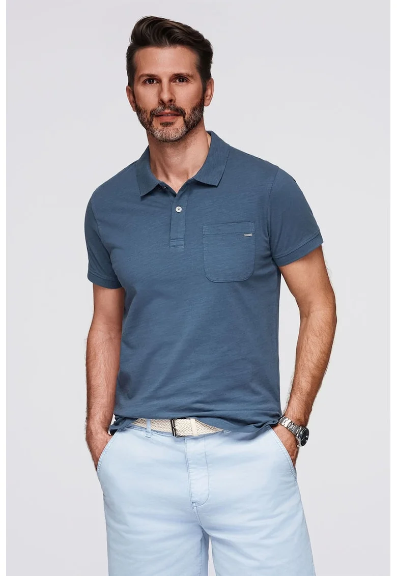 Tricou cu model uni si buzunar pe piept, Albastru prafuit