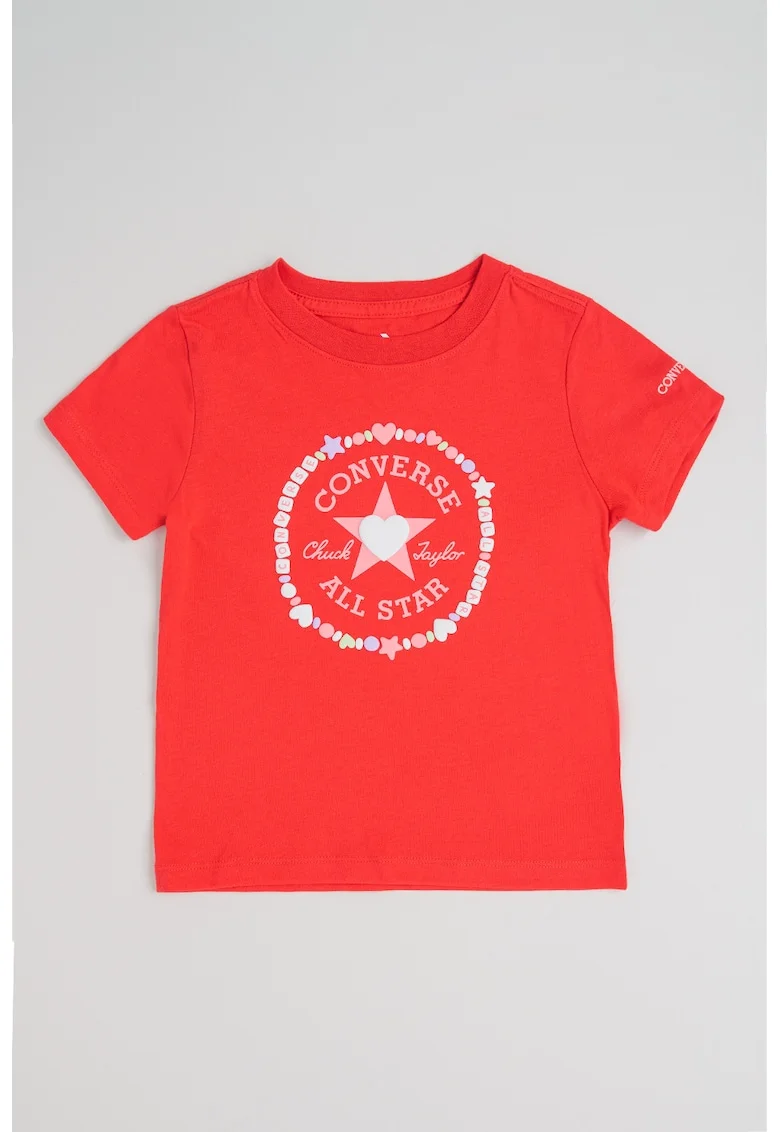 Tricou cu decolteu la baza gatului si imprimeu logo, Rosu