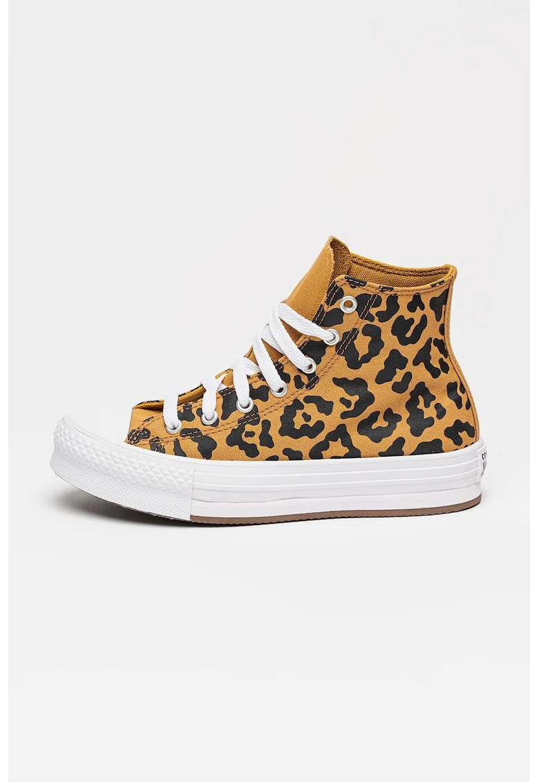 Tenisi mid-high din panza cu talpa flatform si model animal print Chuck Taylor All Star, Negru/Maro camel